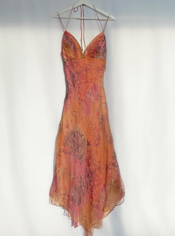 Retro Orange Print Floral A Line Spaghetti Strap Chiffon Homecoming Dress Outfits HZ1023